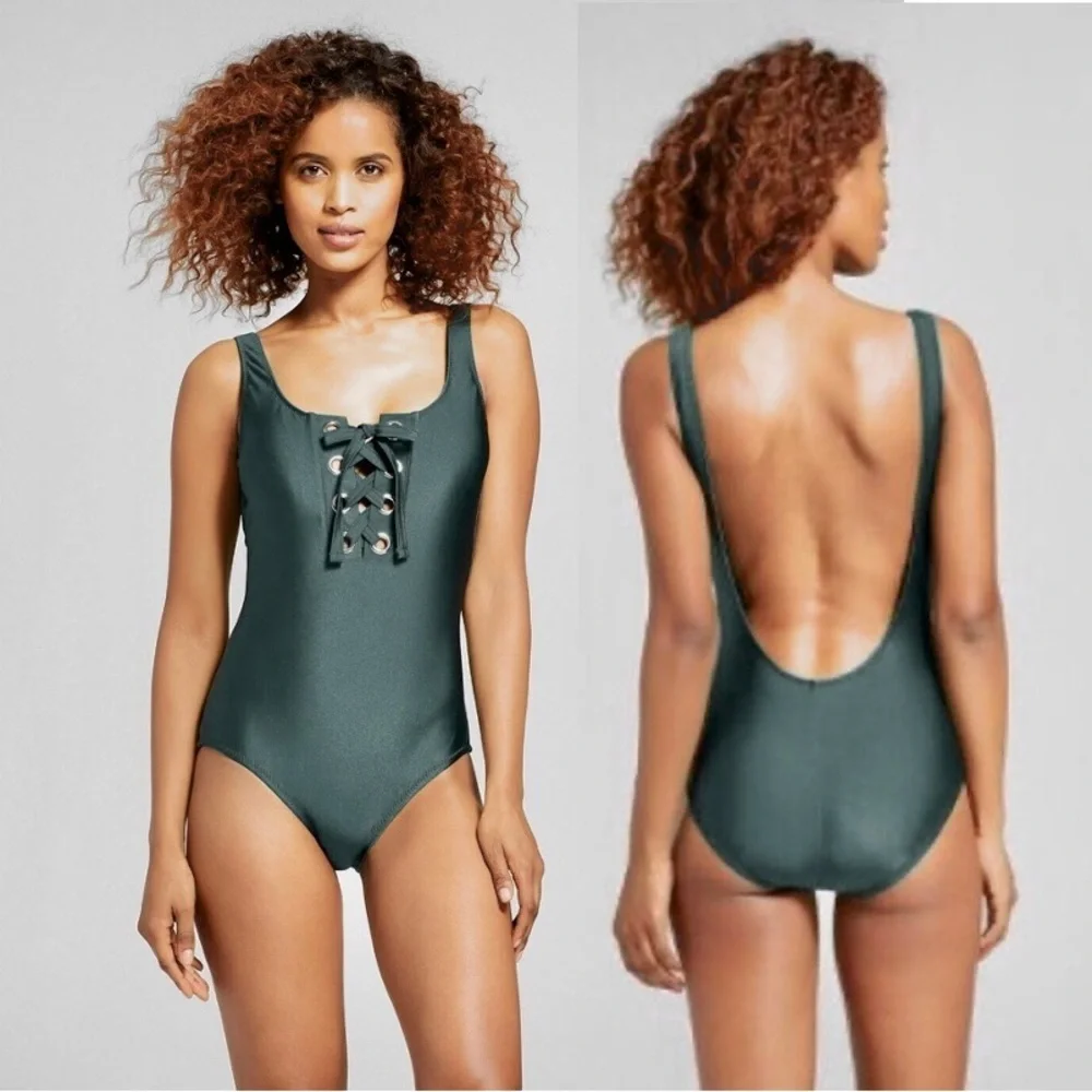 Mossimo Womens Green Grommet Lace Up One Piece Swimsuit Size Small